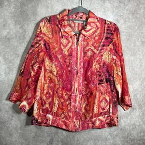 Chico's Blouse Womens Size 2 US Large Orange‎ Full Zip Long Sleeves Semi Sheer